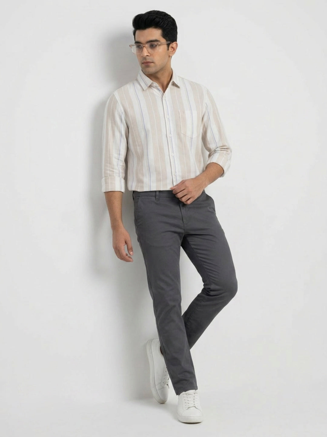 Men Shirt Stripe Beige Regular Fit