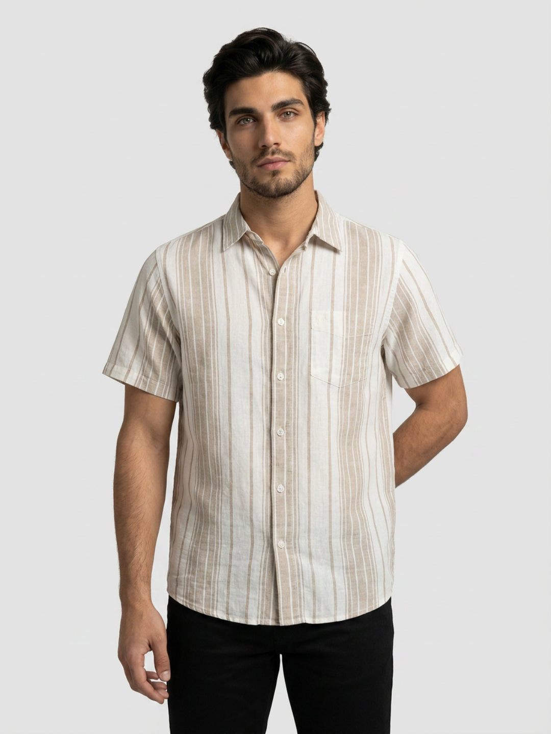 Men Shirt Stripe Beige Regular Fit