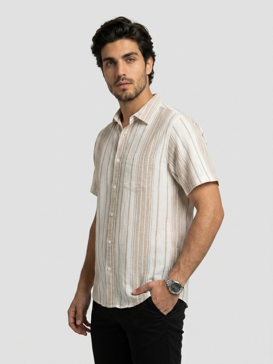Men Shirt Stripe Beige Regular Fit
