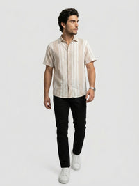 Men Shirt Stripe Beige Regular Fit