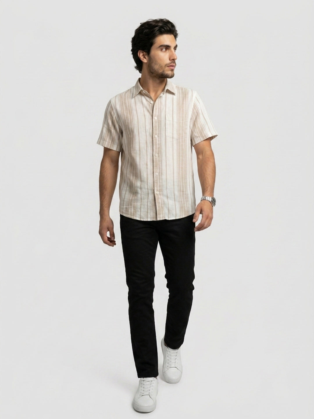 Men Shirt Stripe Beige Regular Fit