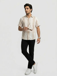 Men Shirt Stripe Beige Regular Fit
