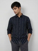 Men Shirt Stripe Black Regular Fit