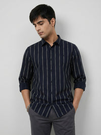 Men Shirt Stripe Black Regular Fit