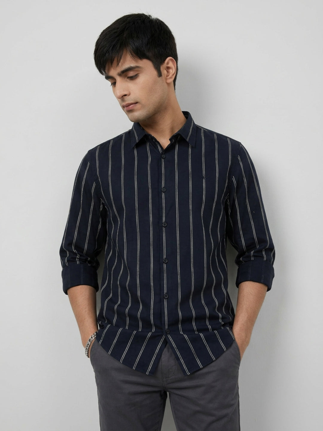 Men Shirt Stripe Black Regular Fit