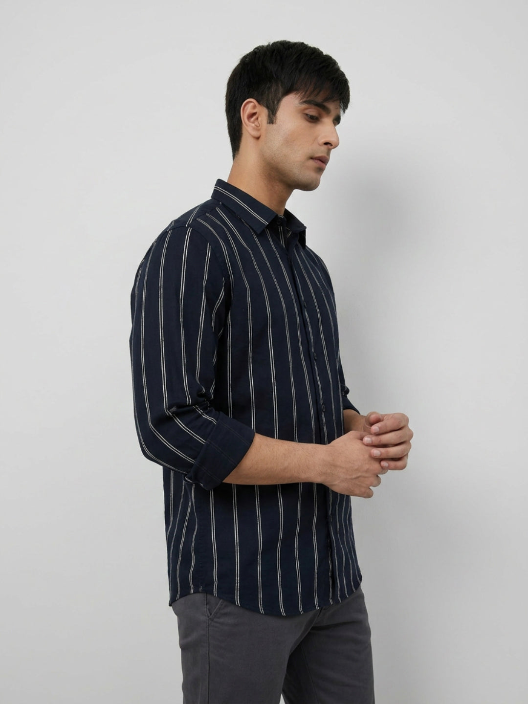 Men Shirt Stripe Black Regular Fit