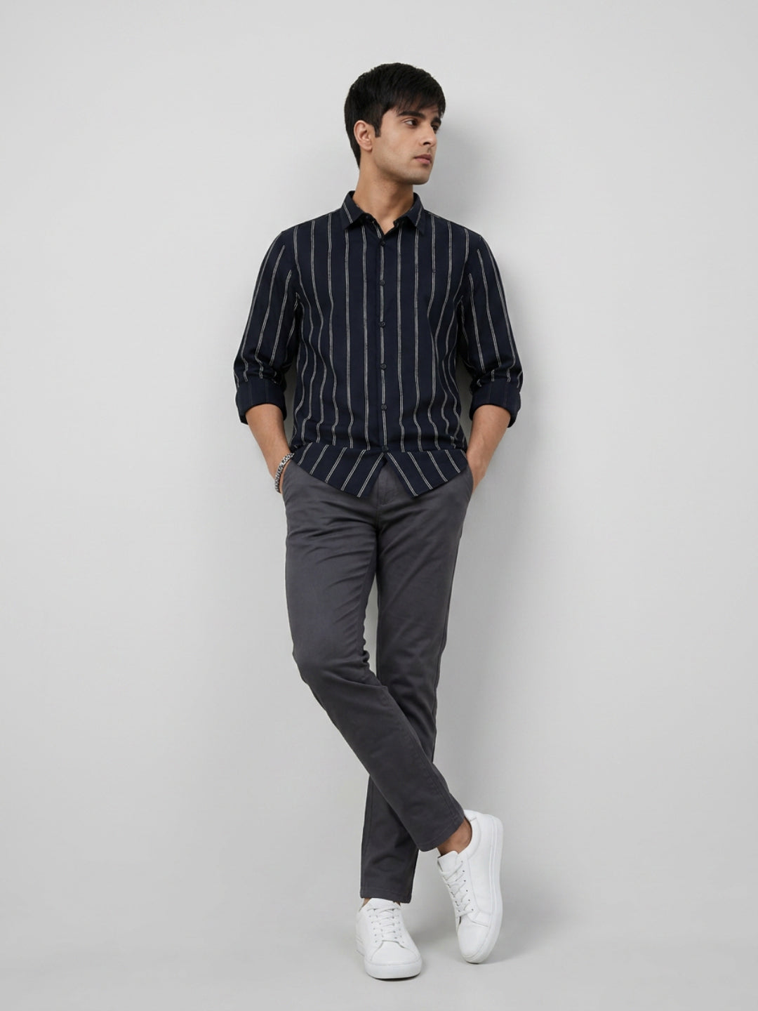 Men Shirt Stripe Black Regular Fit