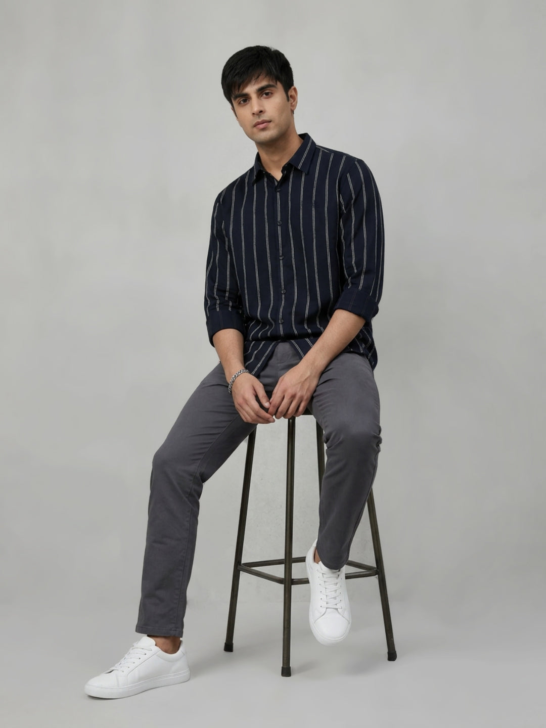 Men Shirt Stripe Black Regular Fit