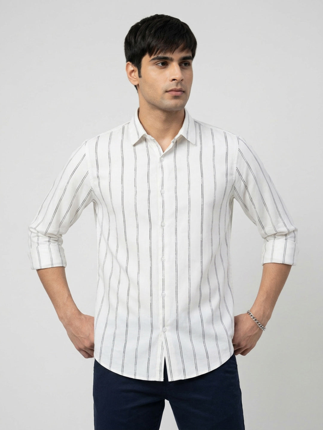 Men Shirt Stripe Off-White Regular Fit
