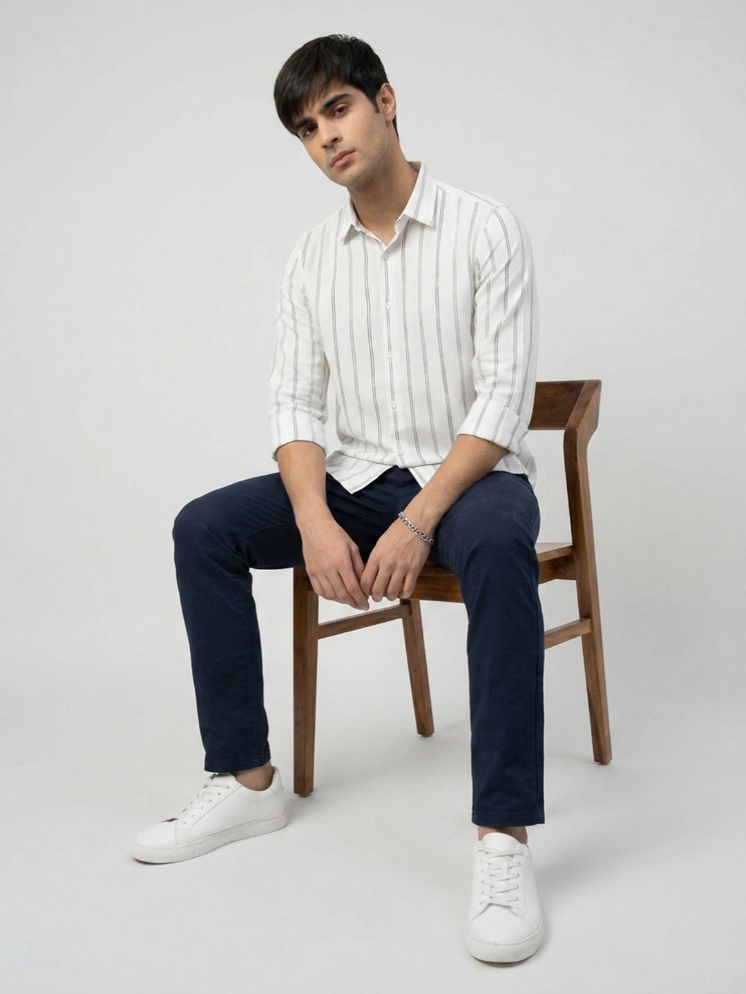 Men Shirt Stripe Off-White Regular Fit