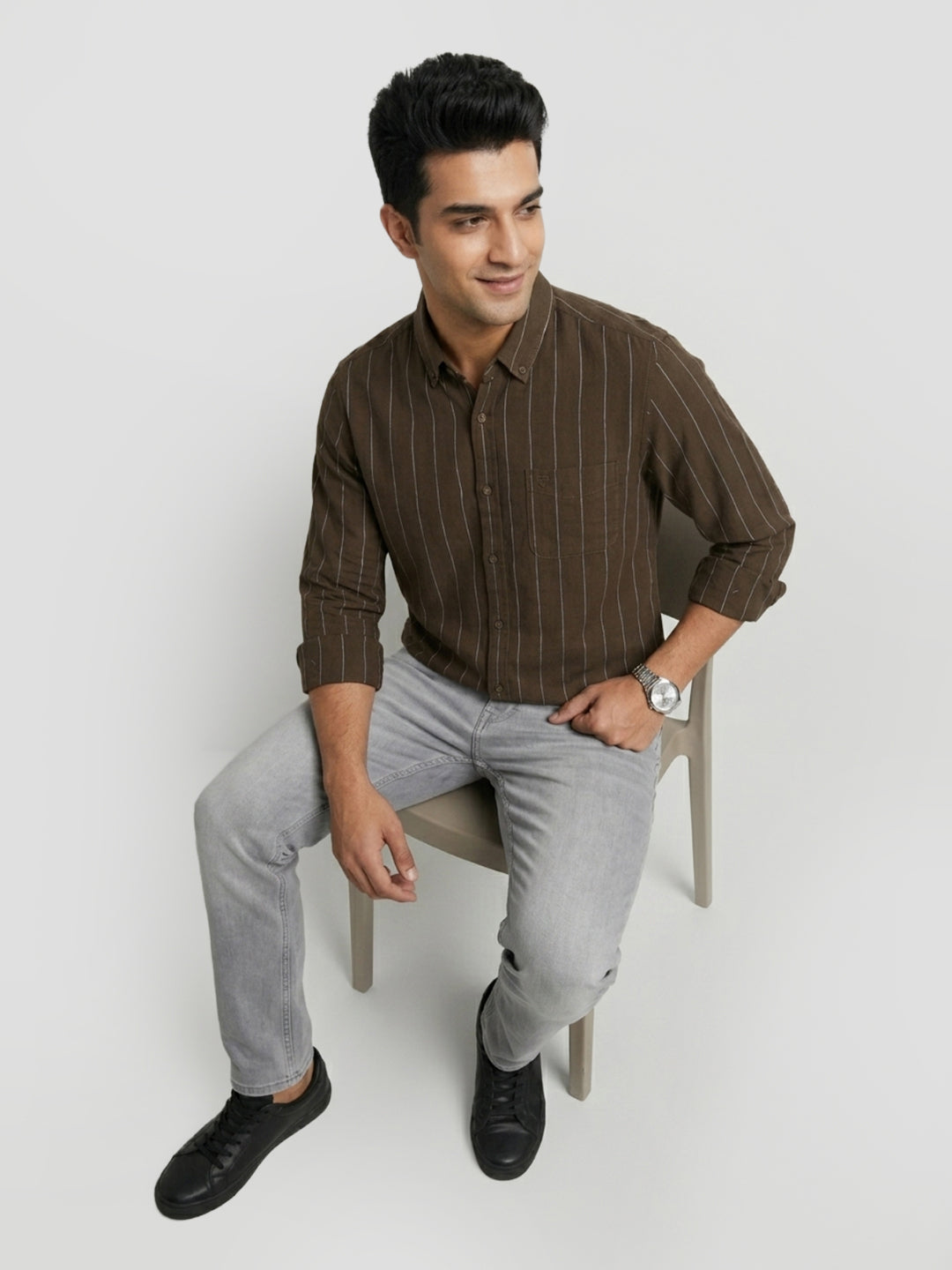 Men Shirt Stripe Green Regular Fit