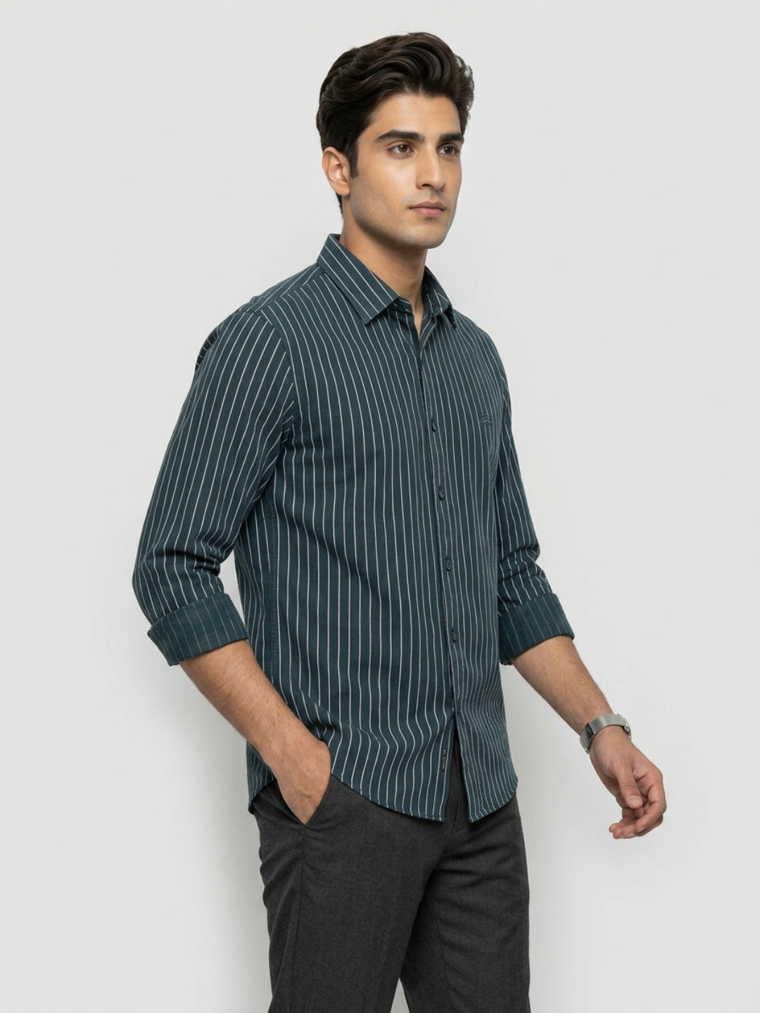 Men Shirt Stripe Green Regular Fit