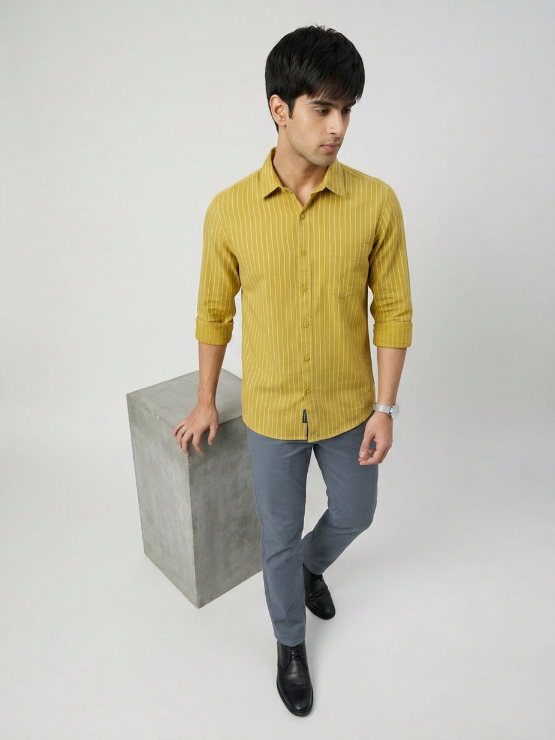 Men Shirt Stripe Yellow Regular Fit