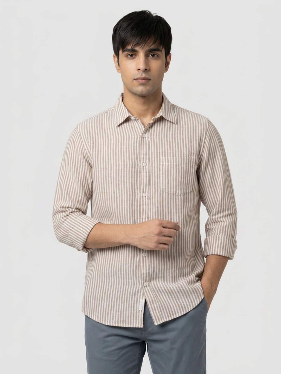 Men Shirt Stripe Brown Regular Fit
