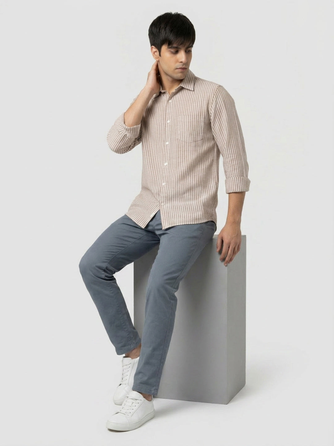 Men Shirt Stripe Brown Regular Fit