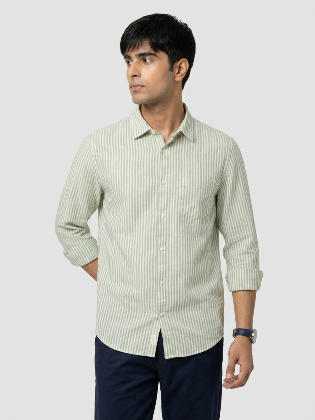 Men Shirt Stripe Green Regular Fit