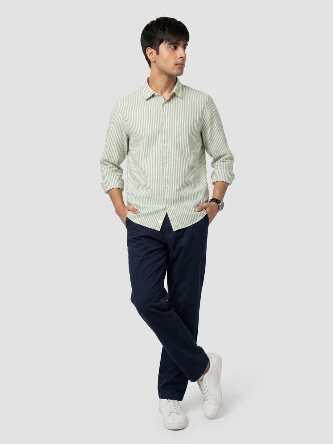 Men Shirt Stripe Green Regular Fit