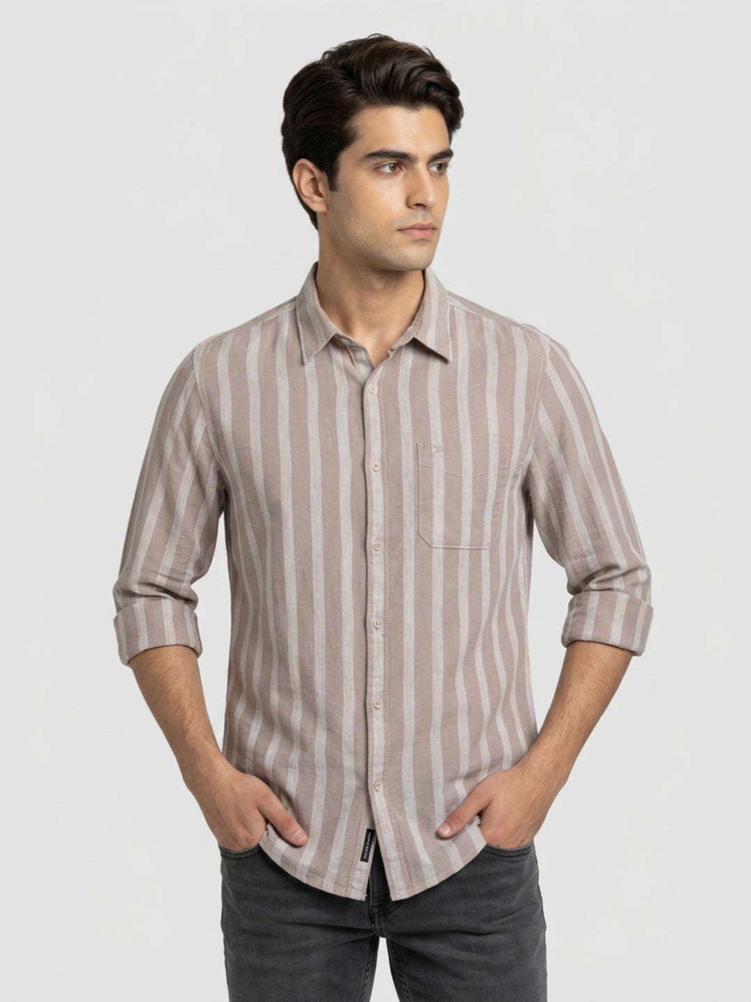 Men Shirt Stripe Beige Regular Fit