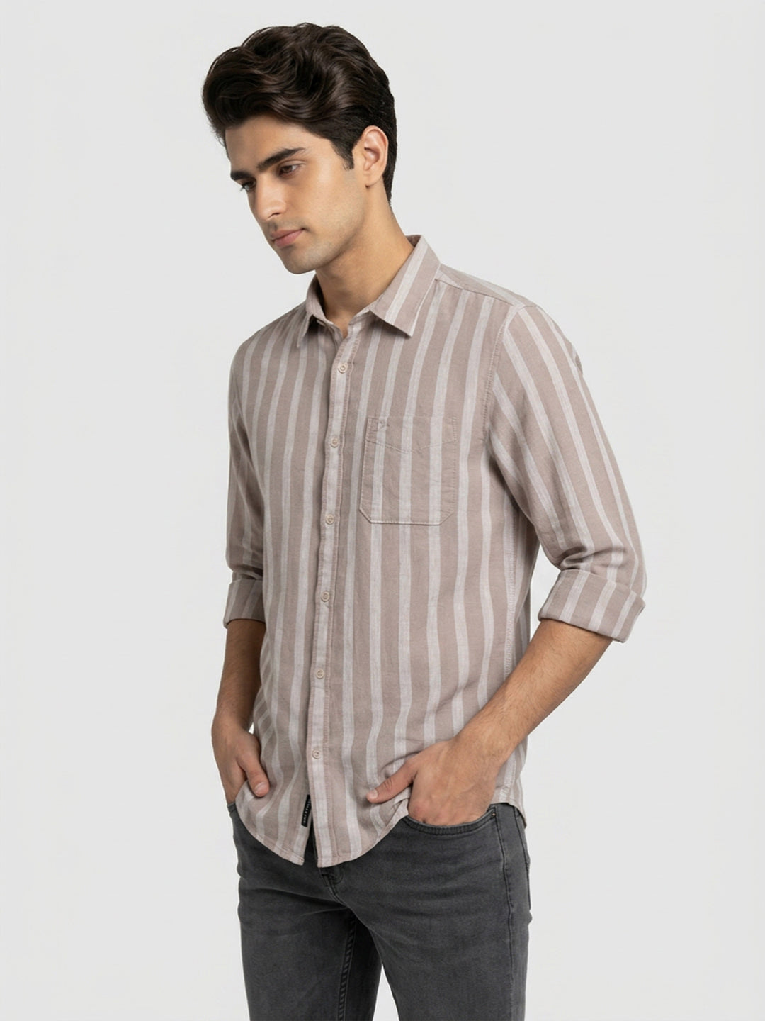 Men Shirt Stripe Beige Regular Fit