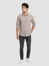Men Shirt Stripe Beige Regular Fit