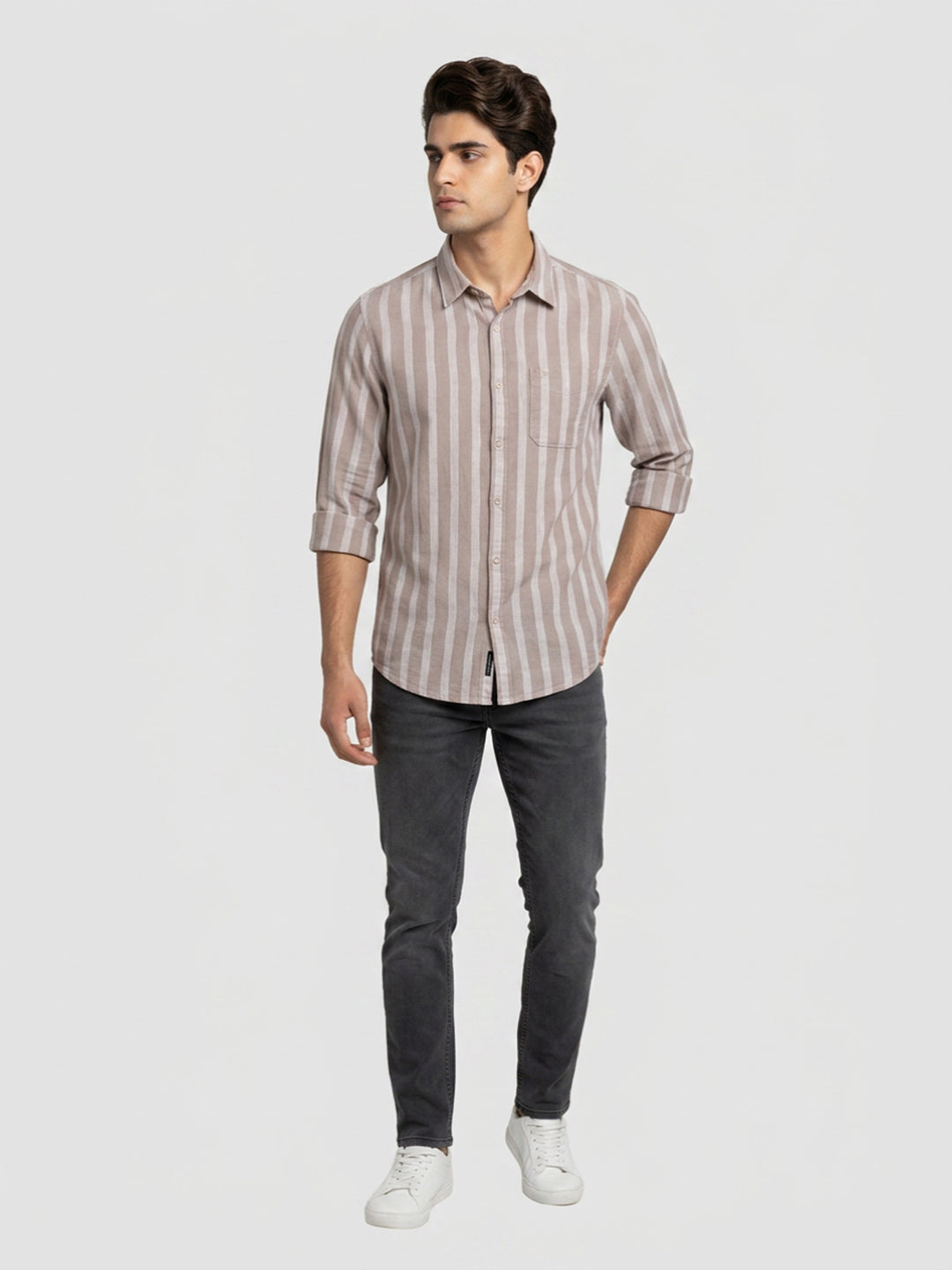Men Shirt Stripe Beige Regular Fit