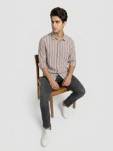 Men Shirt Stripe Beige Regular Fit