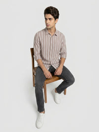 Men Shirt Stripe Beige Regular Fit
