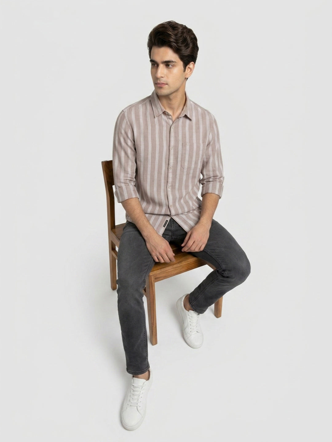 Men Shirt Stripe Beige Regular Fit