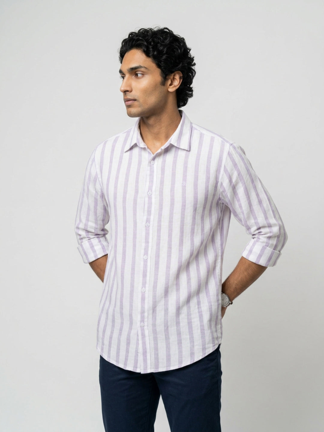 Men Shirt Stripe Lilac Regular Fit