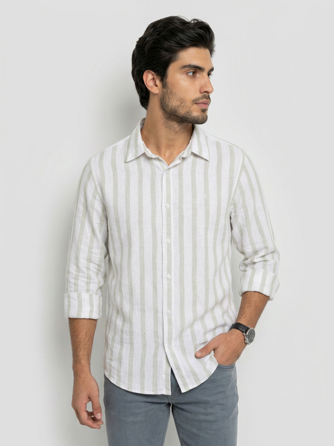 Men Shirt Stripe Green Regular Fit