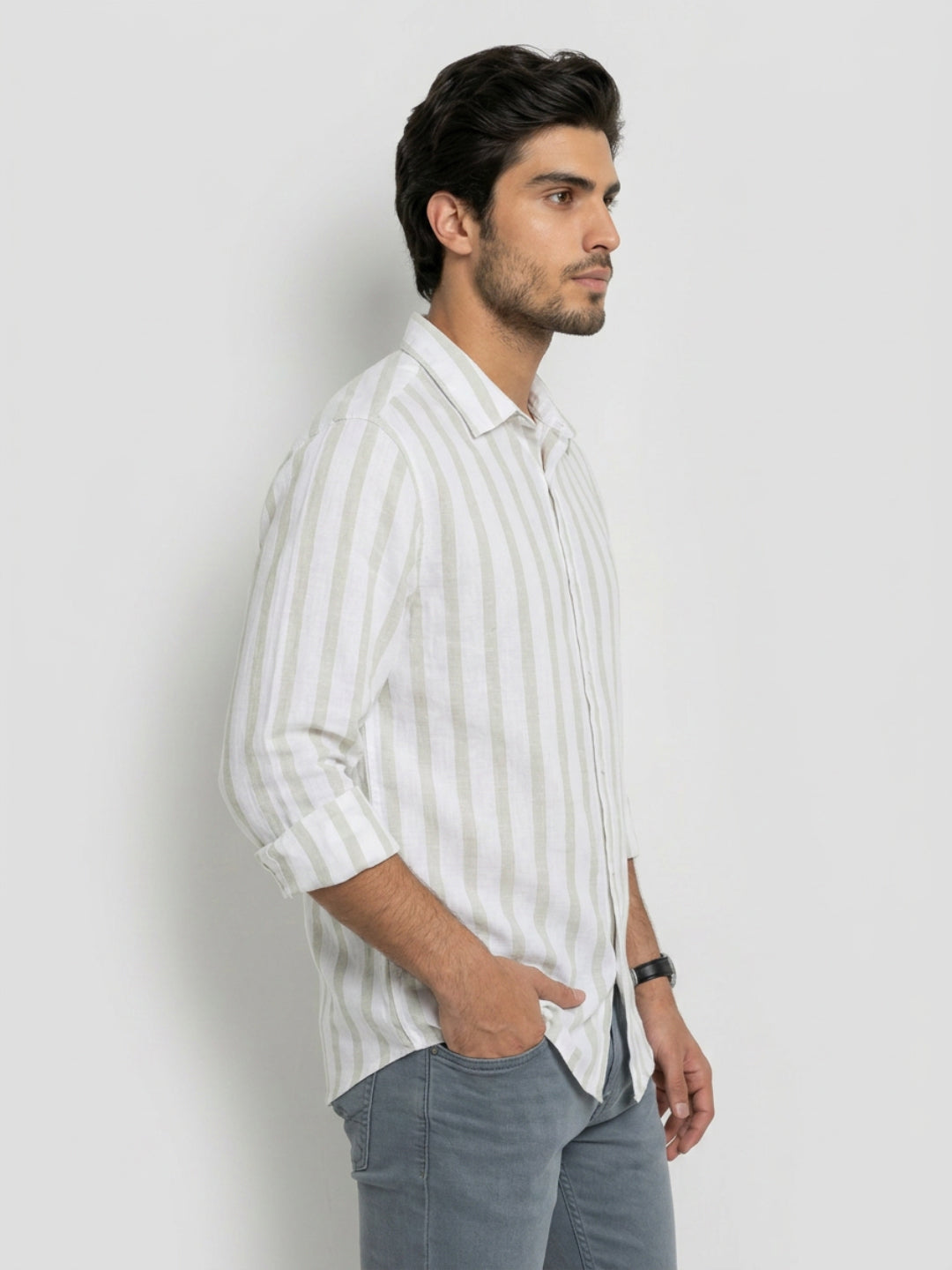 Men Shirt Stripe Green Regular Fit