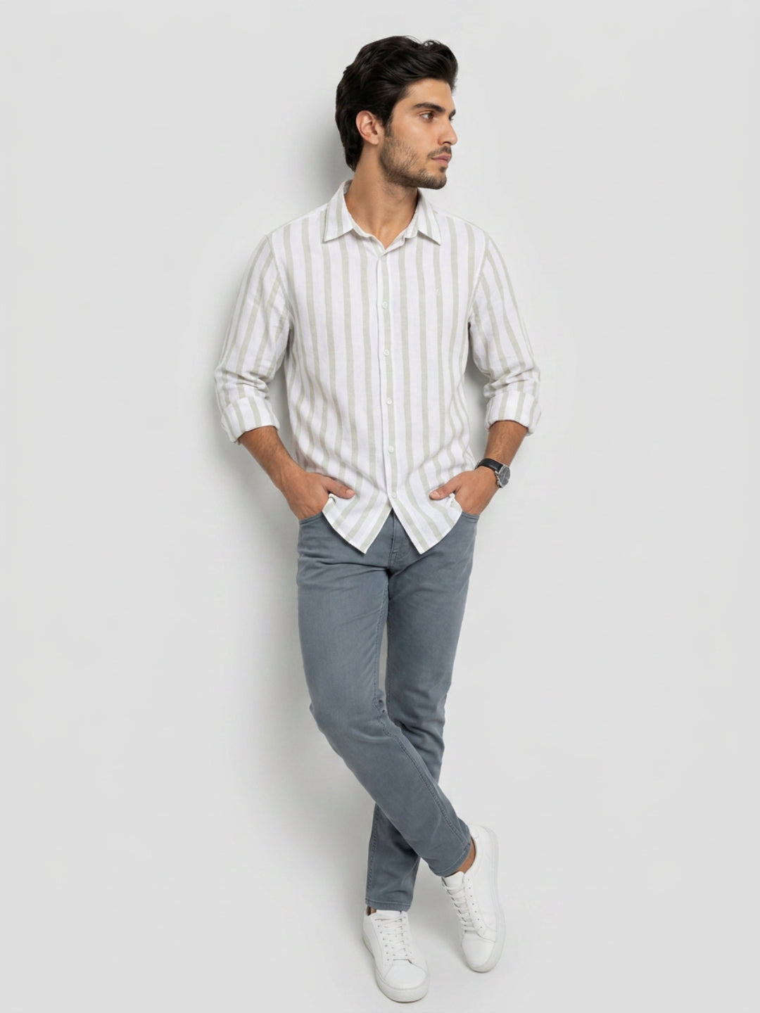 Men Shirt Stripe Green Regular Fit
