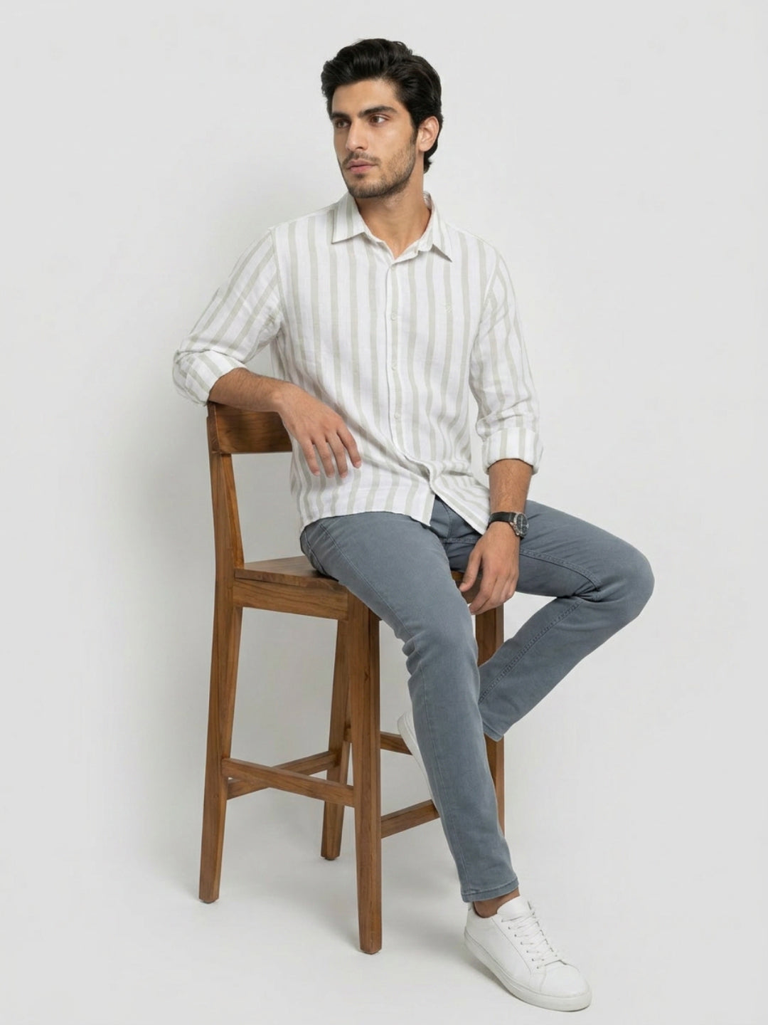 Men Shirt Stripe Green Regular Fit