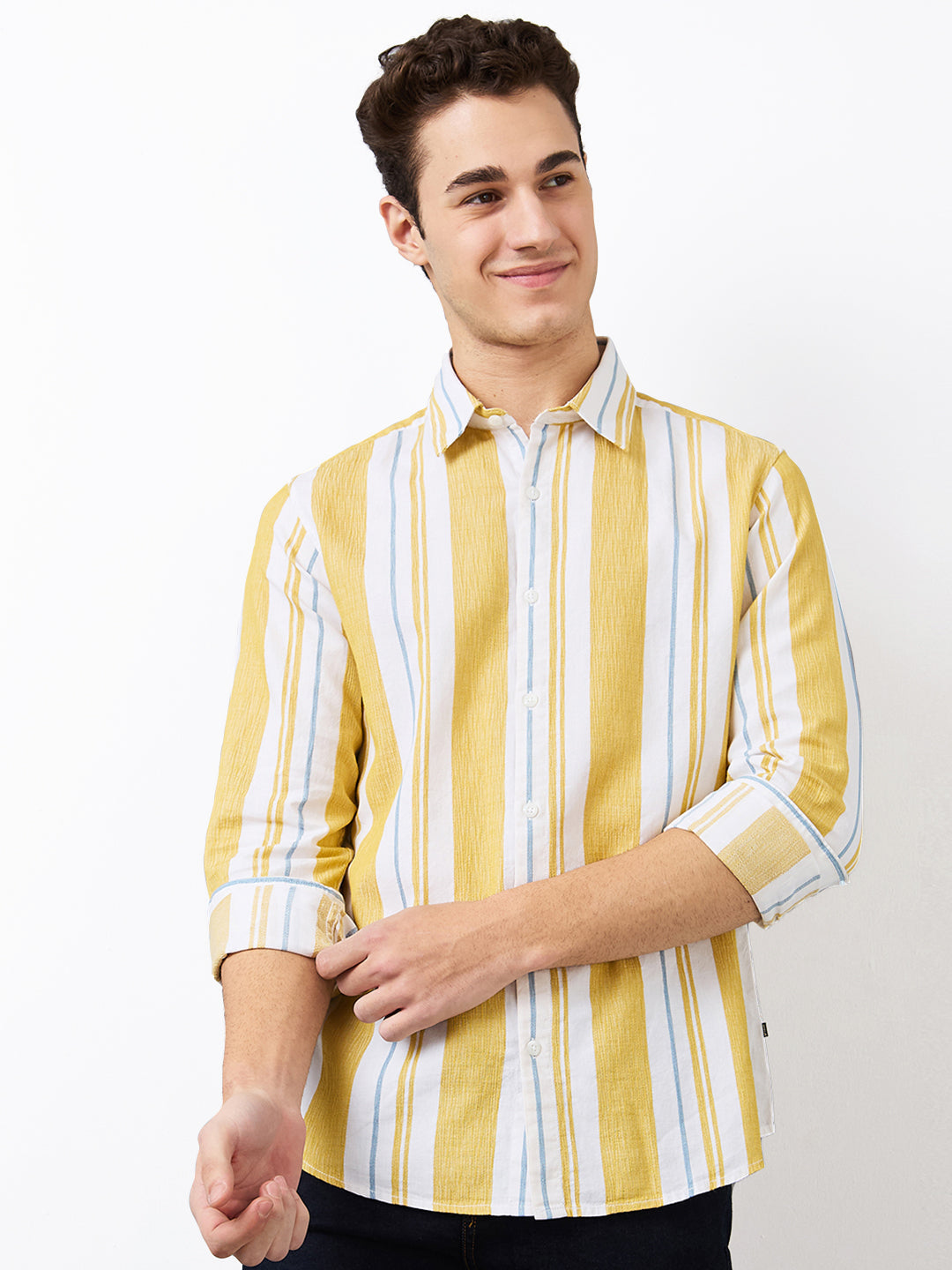 Spykar Yellow Slim Fit Striped Full Sleeve Shirt For Men