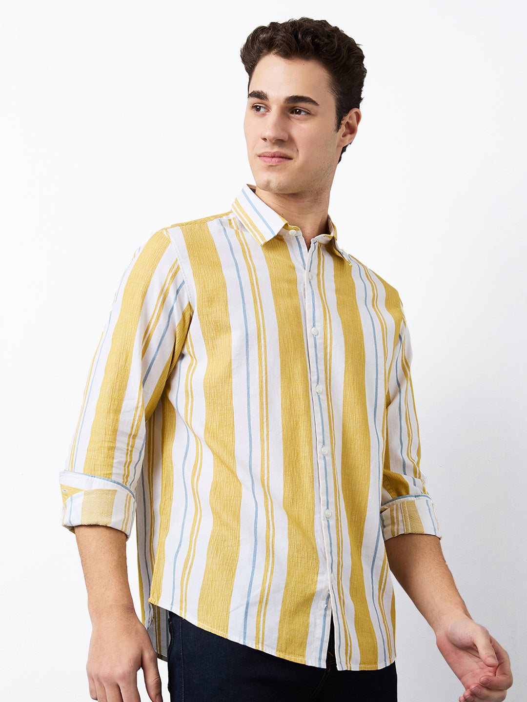 Spykar Yellow Slim Fit Striped Full Sleeve Shirt For Men