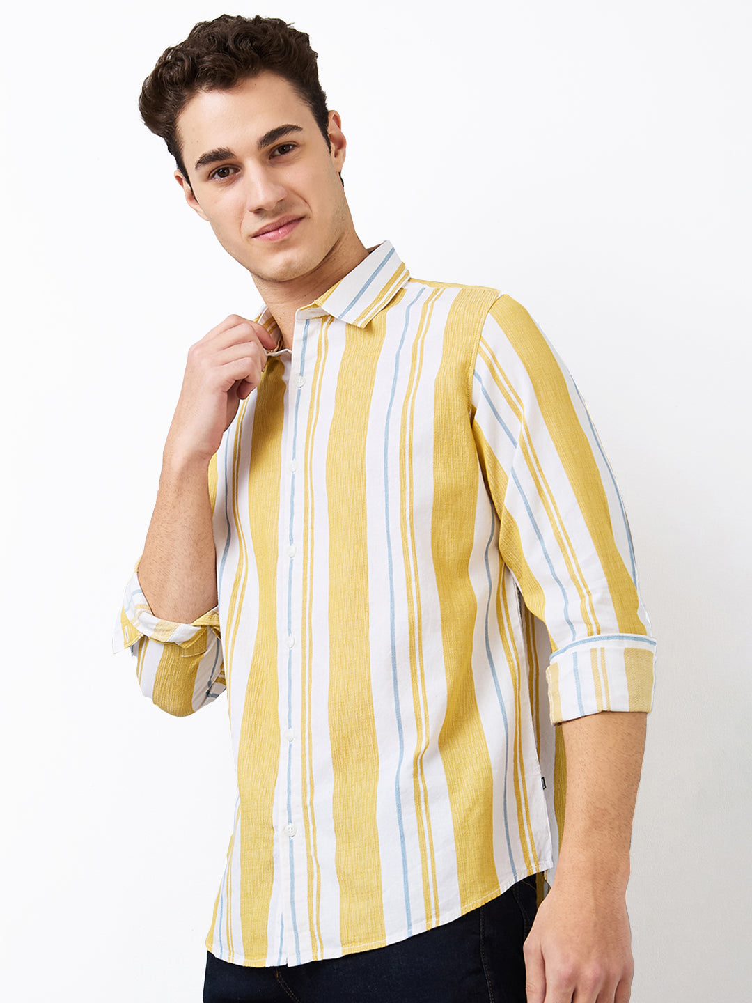 Spykar Yellow Slim Fit Striped Full Sleeve Shirt For Men