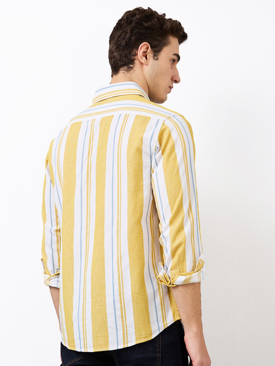 Spykar Yellow Slim Fit Striped Full Sleeve Shirt For Men