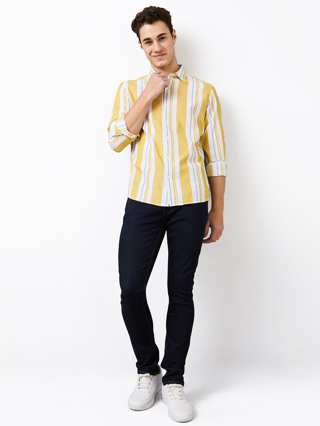 Spykar Yellow Slim Fit Striped Full Sleeve Shirt For Men