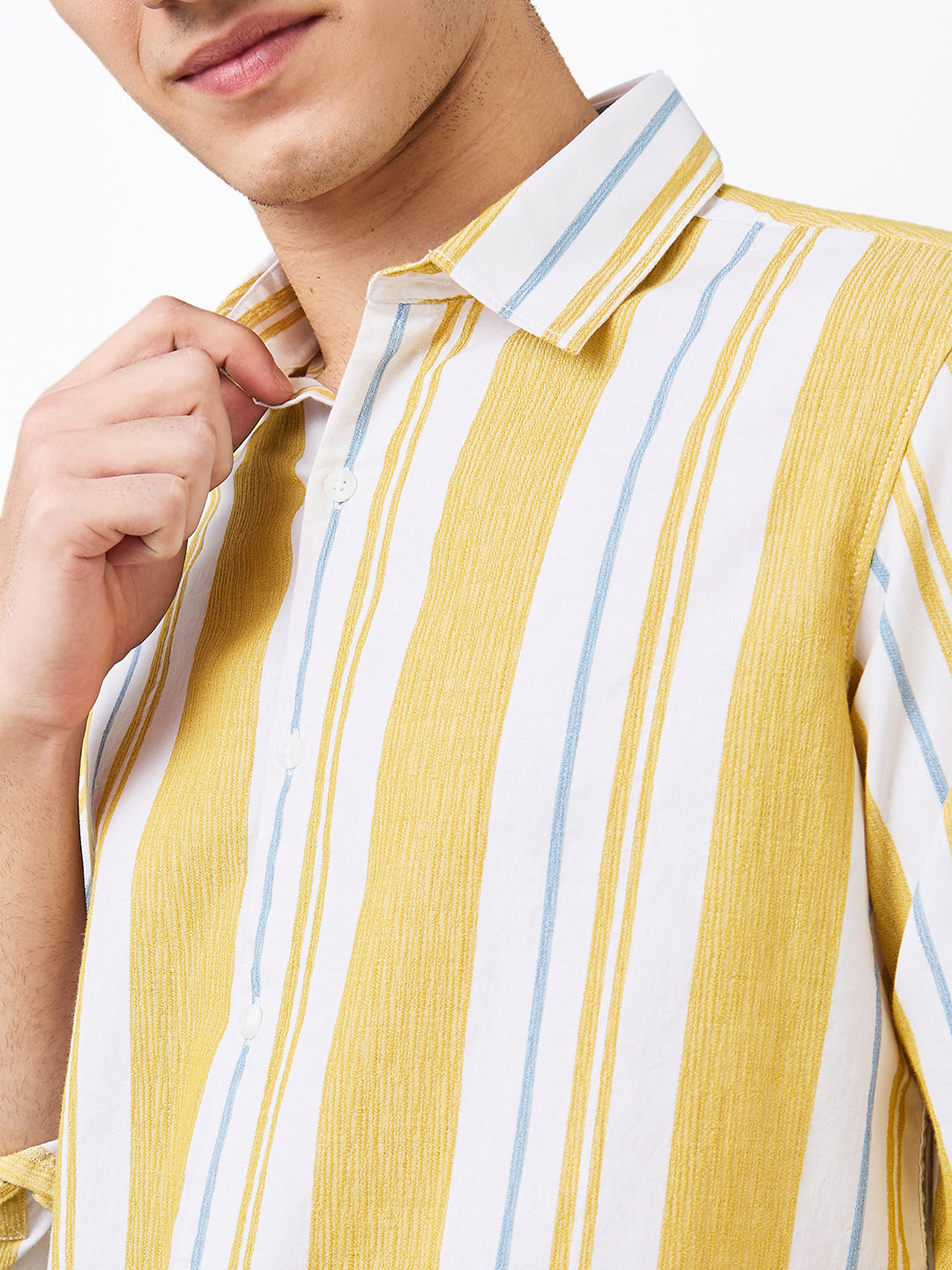 Spykar Yellow Slim Fit Striped Full Sleeve Shirt For Men