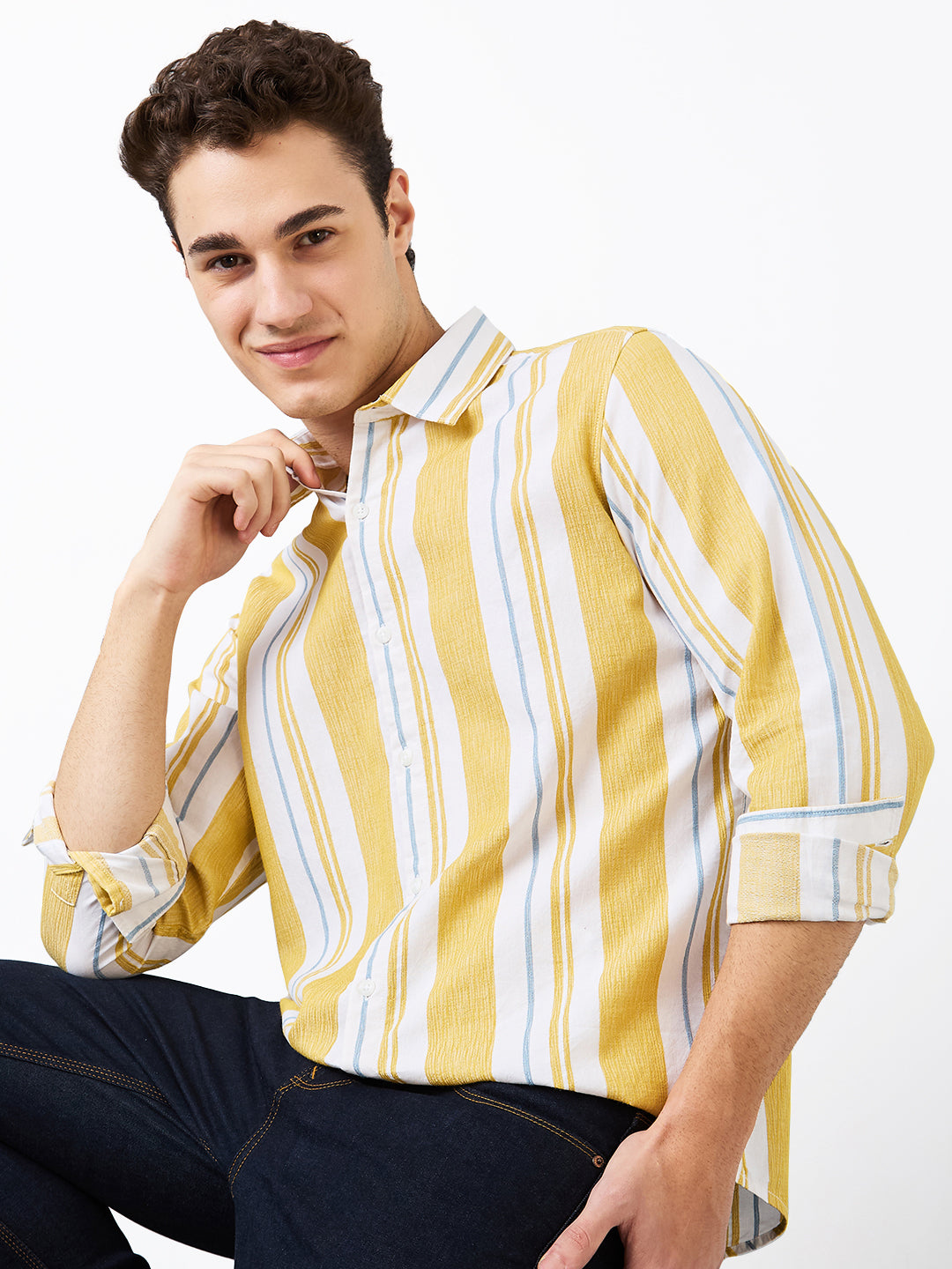 Spykar Yellow Slim Fit Striped Full Sleeve Shirt For Men