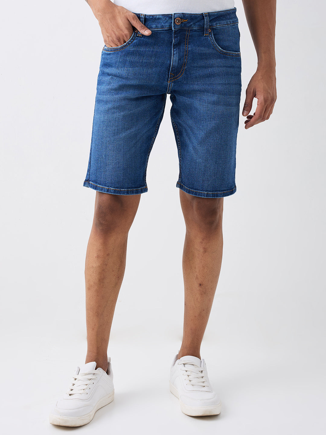 Spykar Dark Blue Mid Rise Casual Shorts For Men