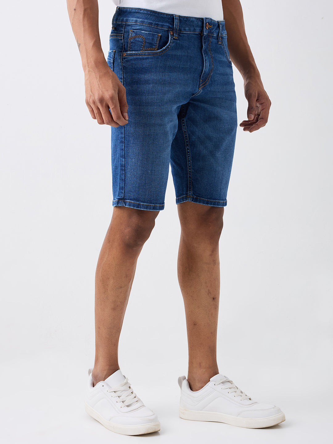 Spykar Dark Blue Mid Rise Casual Shorts For Men