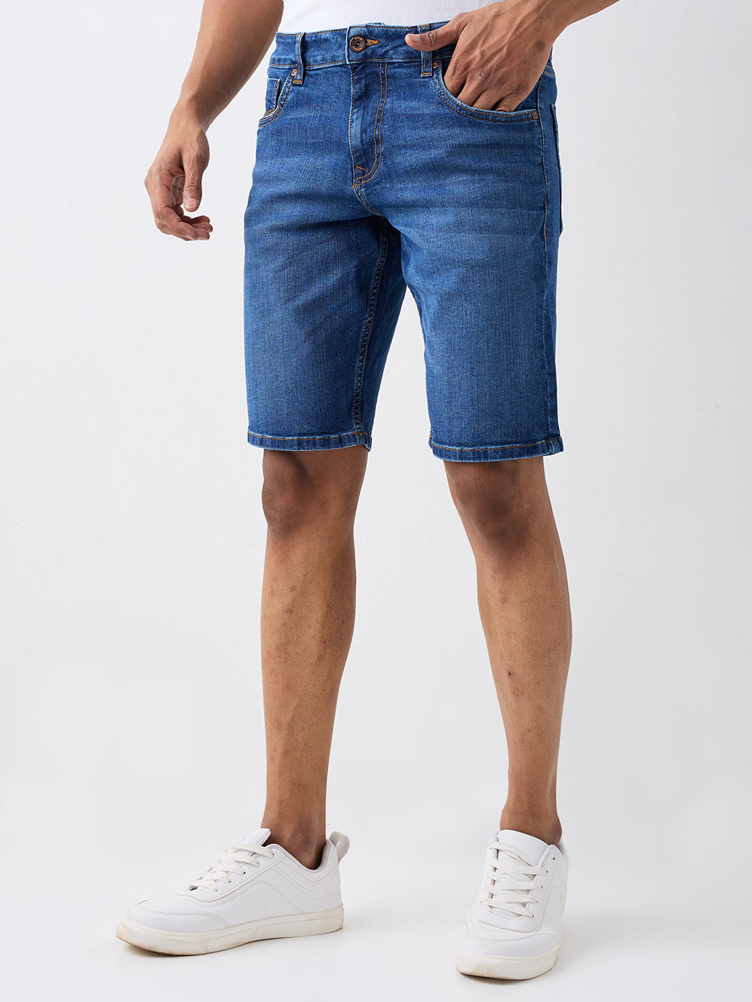 Spykar Dark Blue Mid Rise Casual Shorts For Men