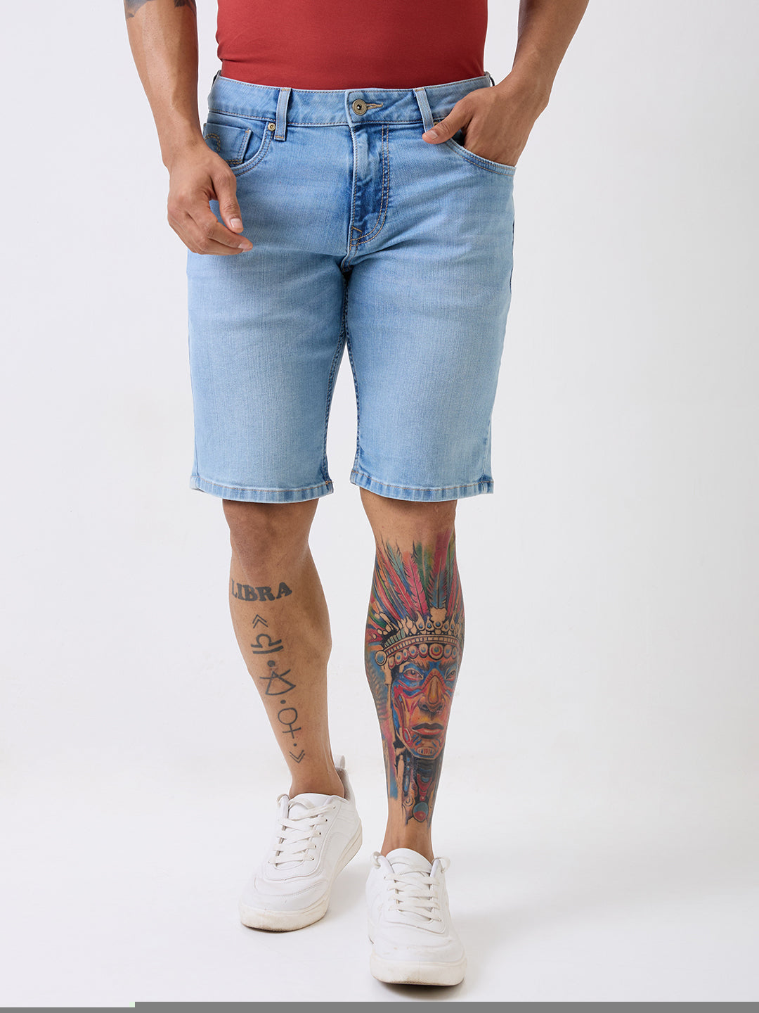Spykar Light Blue Mid Rise Casual Shorts For Men