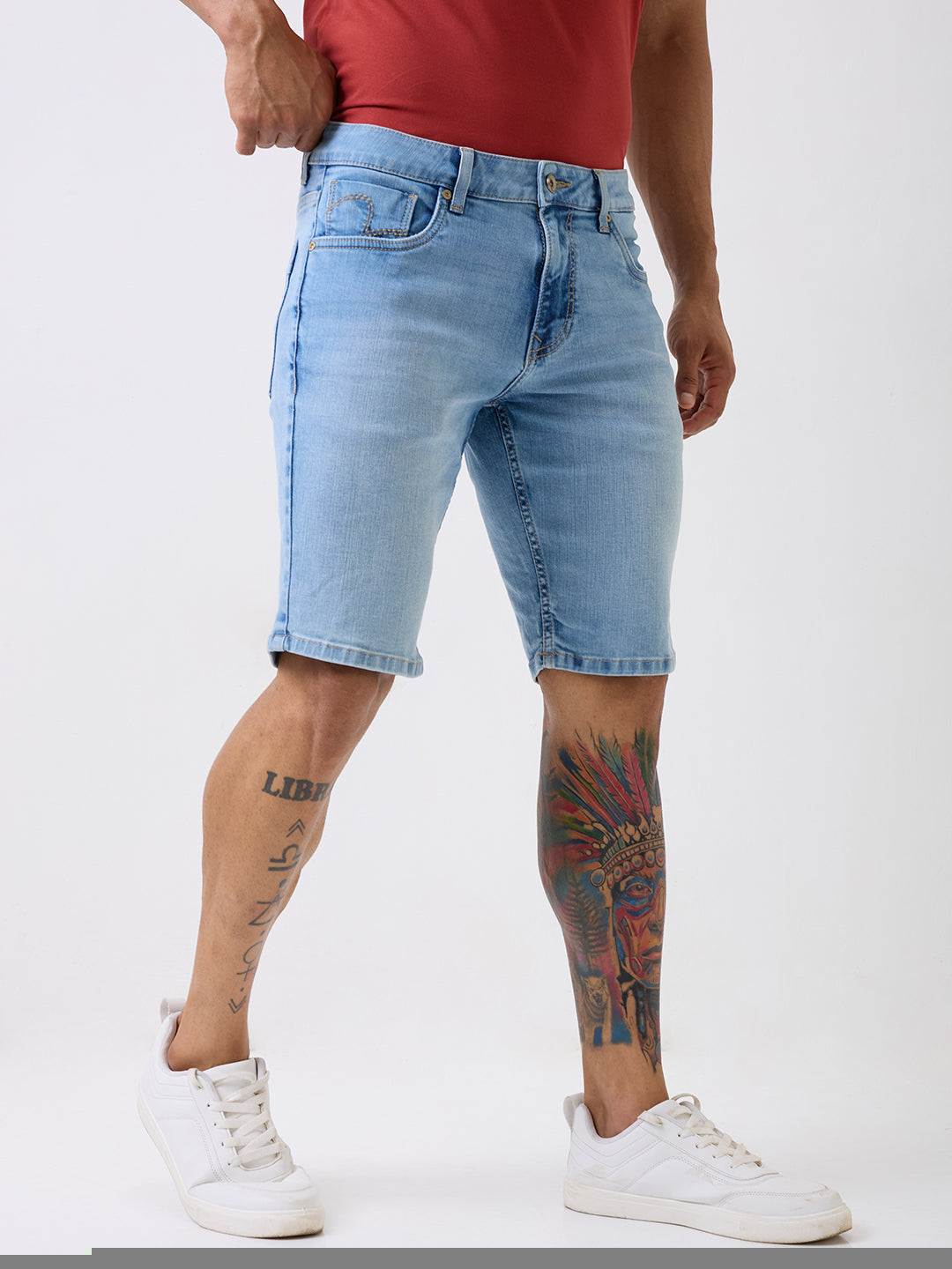 Spykar Light Blue Mid Rise Casual Shorts For Men