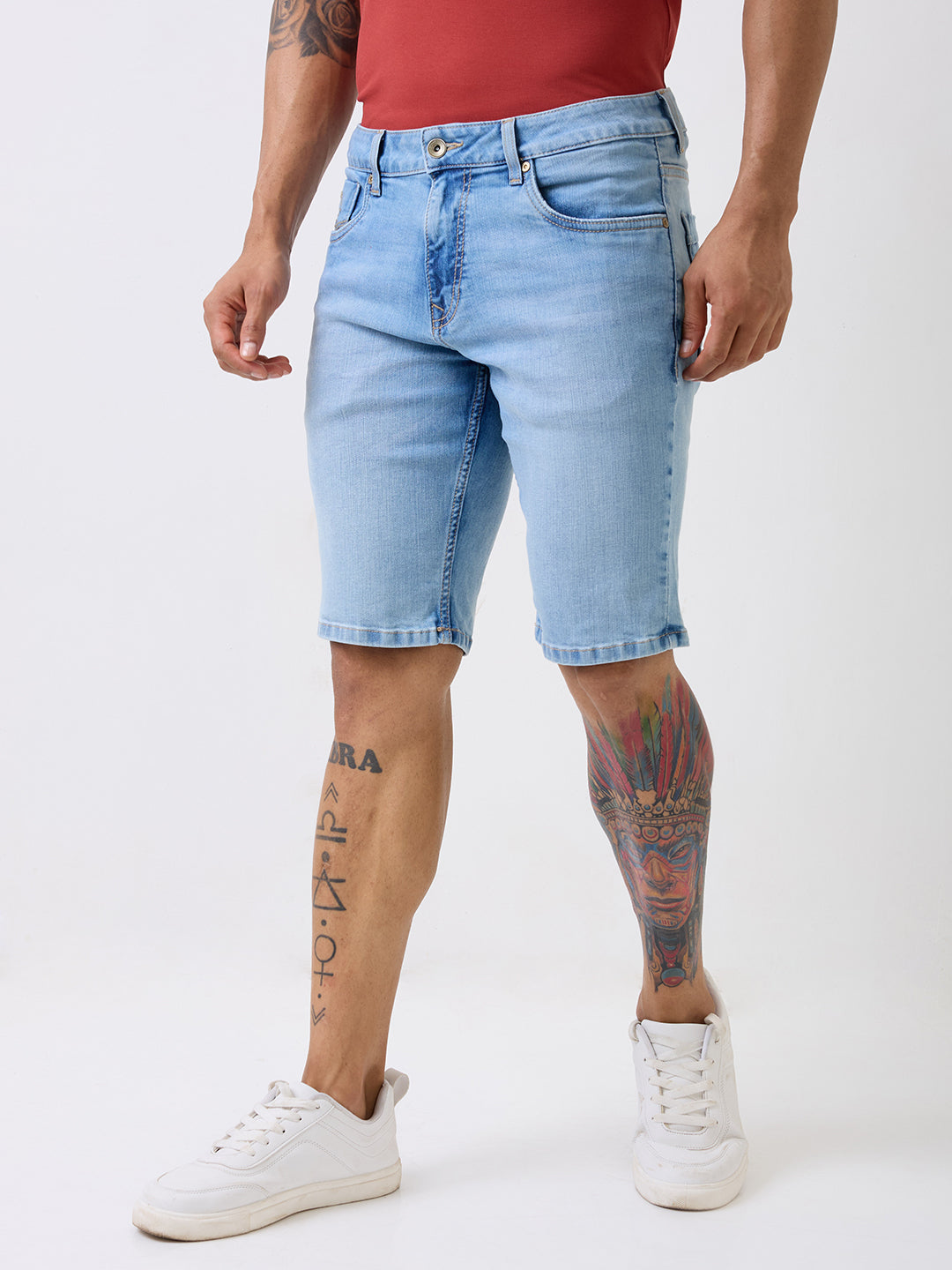 Spykar Light Blue Mid Rise Casual Shorts For Men