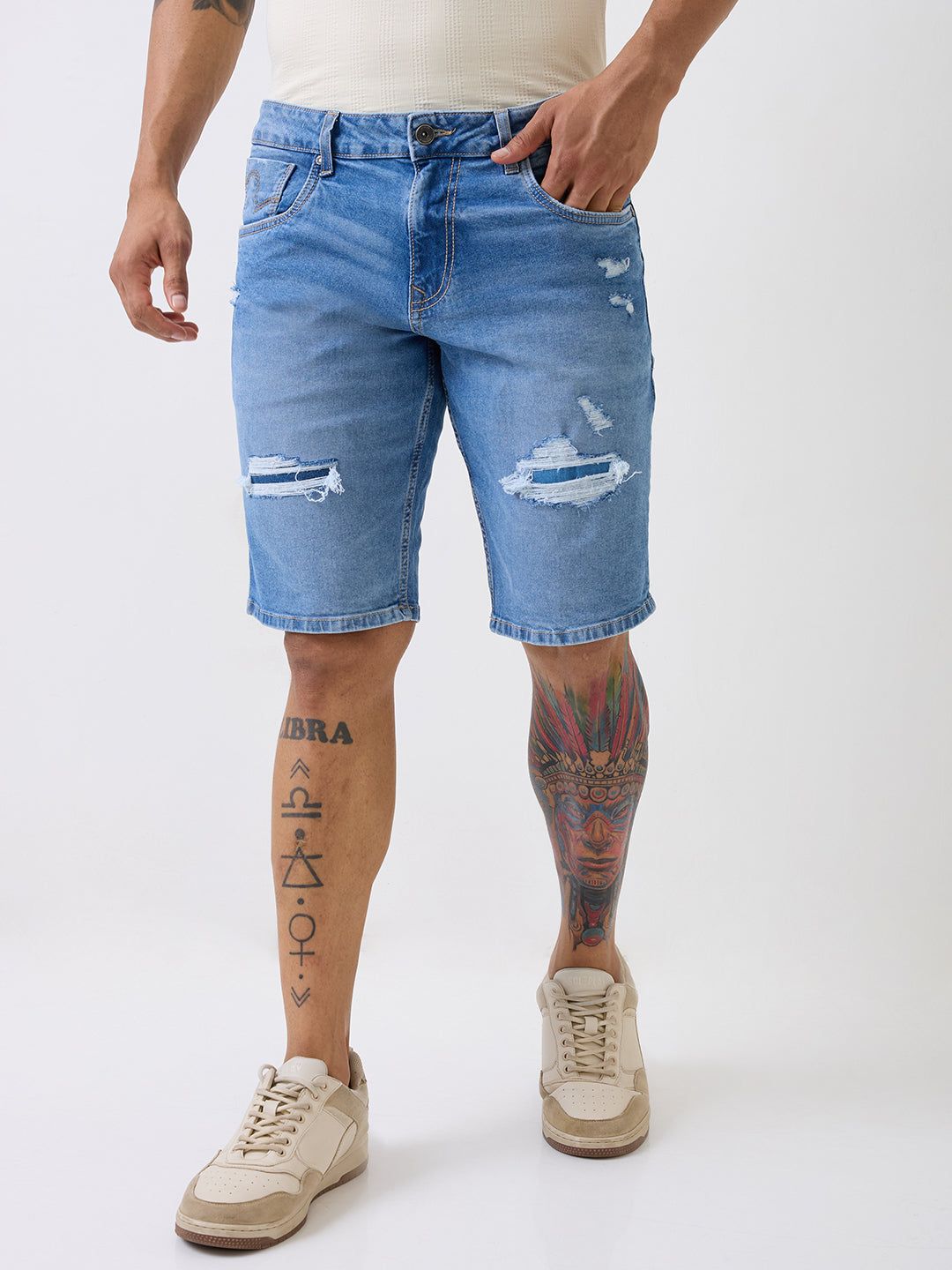 Spykar Light Blue Mid Rise Casual Shorts For Men