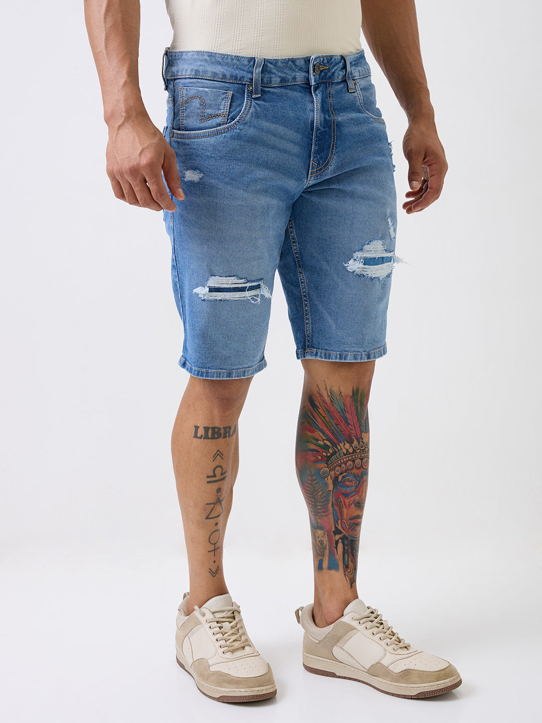 Spykar Light Blue Mid Rise Casual Shorts For Men