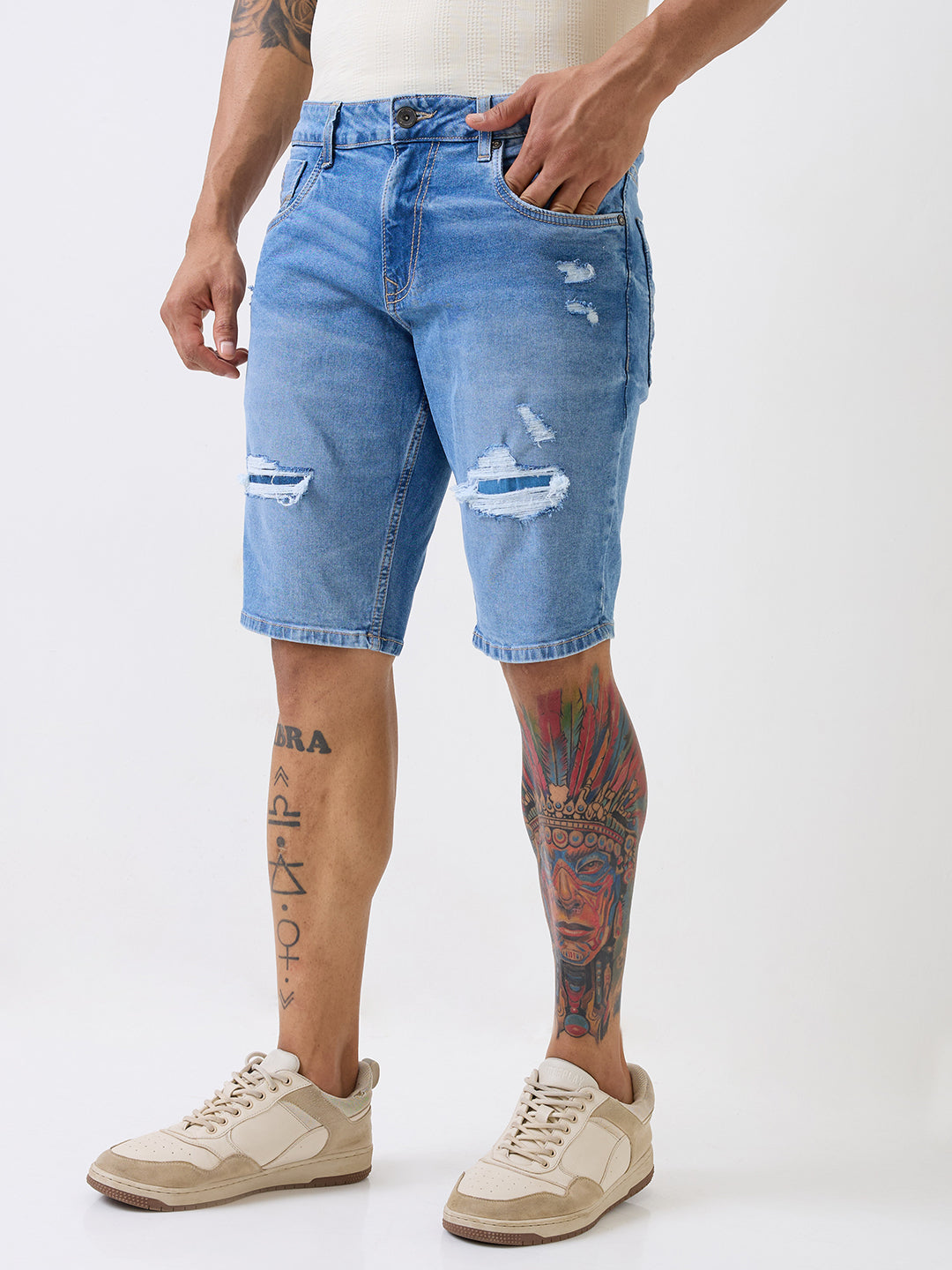 Spykar Light Blue Mid Rise Casual Shorts For Men