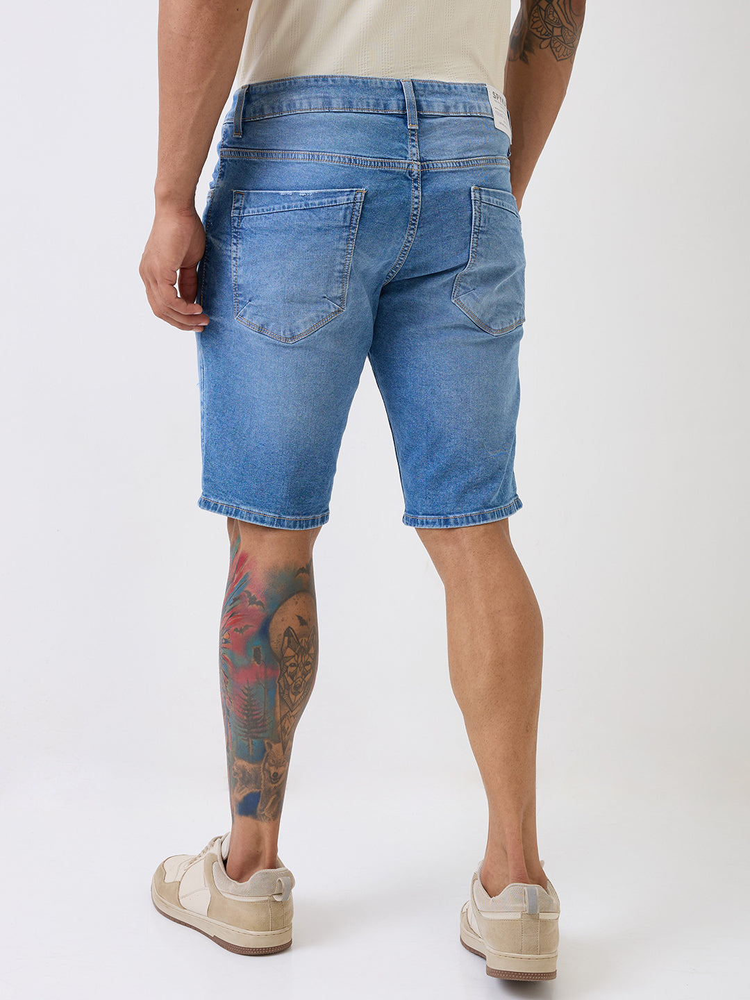 Spykar Light Blue Mid Rise Casual Shorts For Men